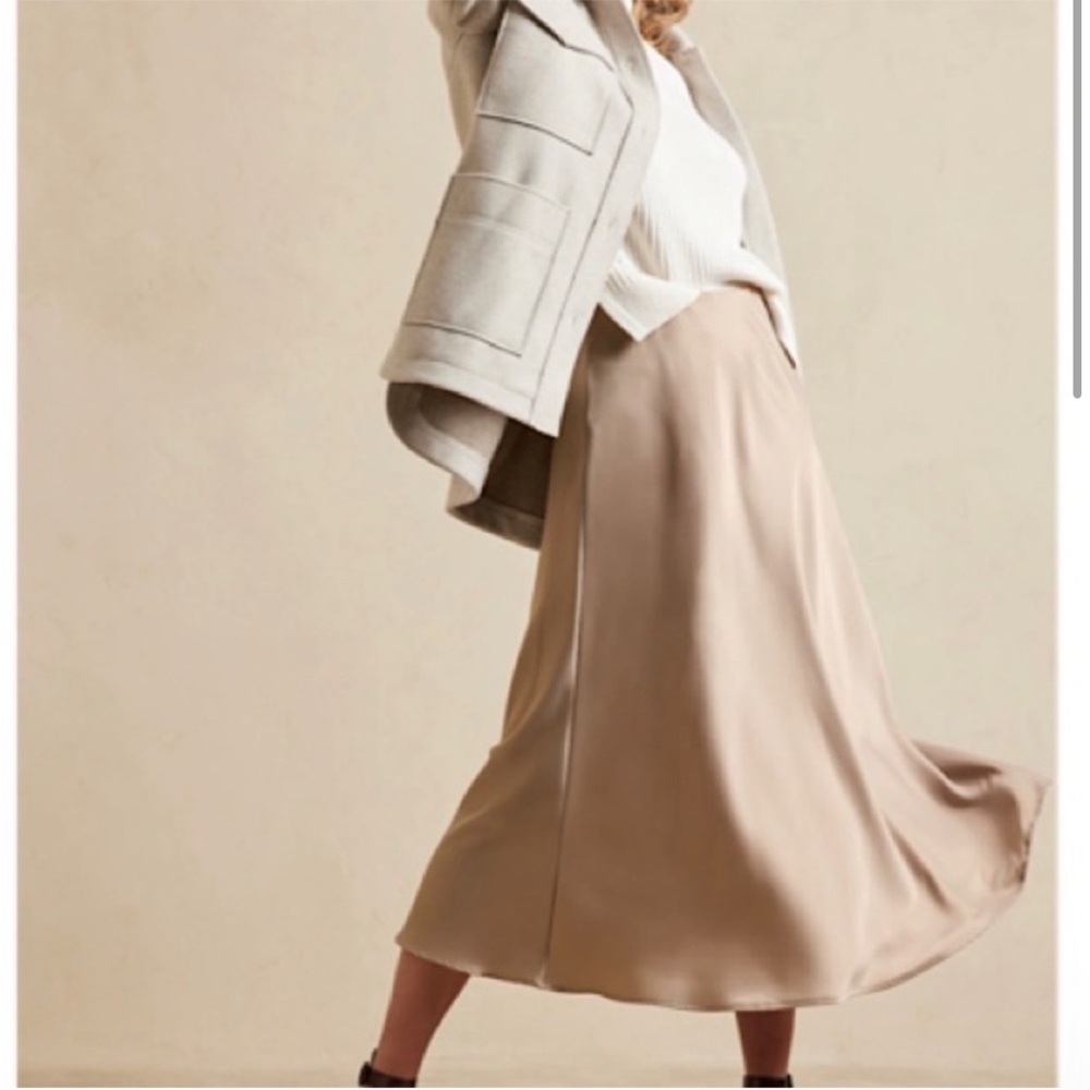 Satin A-Line Midi Skirt in Taupe camel beige 2t tall maxi